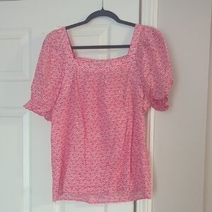 LOFT Pink/Red With Gold Shimmer Floral Square Neck Puff Sleeve Top L